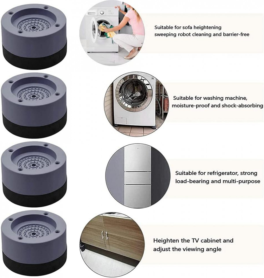 Set 4 suporti amortizare - picioare antivibratii pentru masina de spalat rufe Delee, cauciuc, gri/negru, 4,9 x 6,8 cm - imagine 7