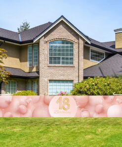 Banner aniversar INCOK, 18 ani, poliester, roz/auriu, 0,5 x 3 m