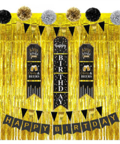 Decoratiuni pentru ziua de nastere LICQIC, poliester/folie, argintiu/auriu/negru, 13 piese