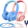 Set de 2 casti audio pentru copii iClever, cu fir si microfon, albastru/roz