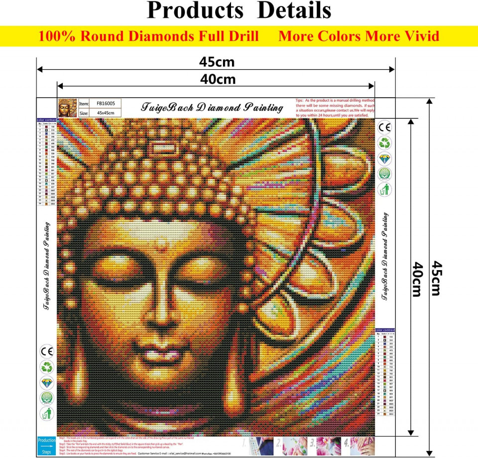 Set de pictura cu diamante FuigeBach, model Buddha, multicolor, 45 x 45 cm - imagine 2