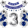 Set aniversar GRESAHOM, cifra 3, folie/latex, argintiu/alb/albastru, 31 piese