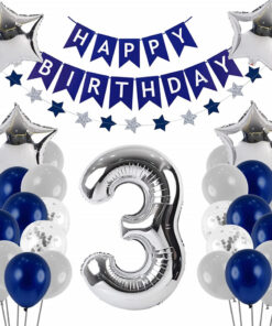 Set aniversar GRESAHOM, cifra 3, folie/latex, argintiu/alb/albastru, 31 piese