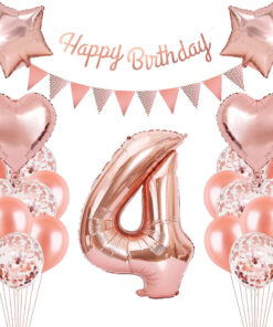 Set aniversar GRESAHOM, cifra 4, folie/latex, alb/rose, 28 piese