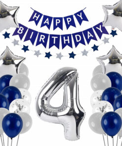 Set aniversar GRESAHOM, cifra 4, folie/latex, argintiu/alb/albastru, 31 piese