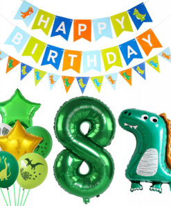 Set aniversar GRESAHOM, cifra 8, cu dinozauri, latex/folie, multicolor