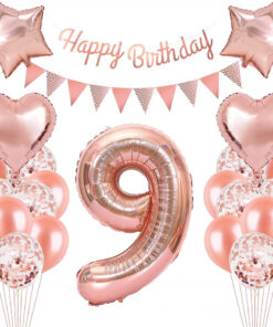 Set aniversar GRESAHOM, cifra 9, folie/latex, alb/rose, 28 piese