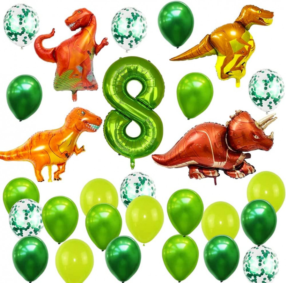 Set aniversar OYSJ, cifra 8, cu dinozauri, latex/folie, verde/ portocaliu/ alb