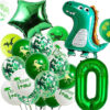 Set aniversar 32 de baloane QSXX, tematica dinozaur, latex, folie, verde/alb/galben