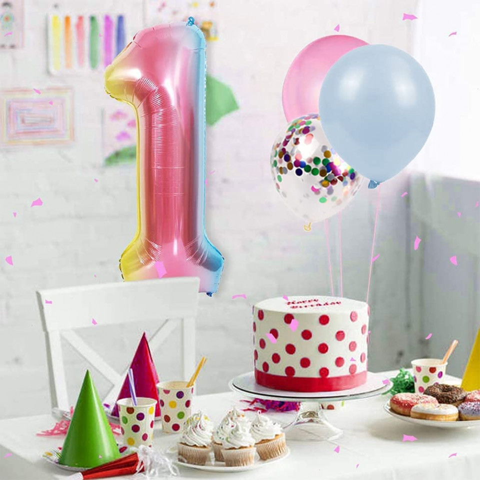 Set aniversar Nesloonp, cifra 1, folie/latex, multicolor, 17 piese - imagine 7