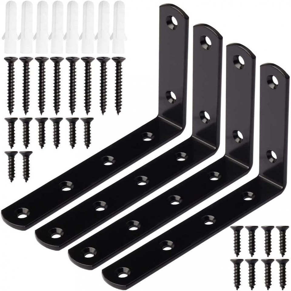 Set de 4 suporti pentru rafturi Kuou, otel inoxidabil, negru, 125 x 75 x 20 mm