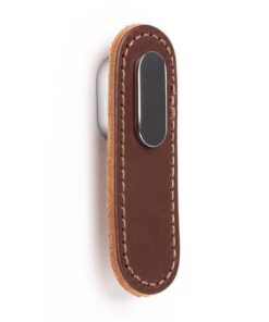 Maner, buton Oblong din piele maro pentru mobilier, cu ornament finisaj crom lucios, L 70 mm