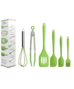 Set 6 Ustensile din Silicon Termorezistent Alimentar , Tel, Cleste, 2 Spatule , Paleta Perforata si 1 Pensula,Verde