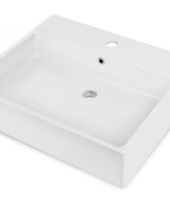 Lavoar pe blat alb lucios 60 cm, dreptunghiular, orificiu pentru baterie, Deante Temisto