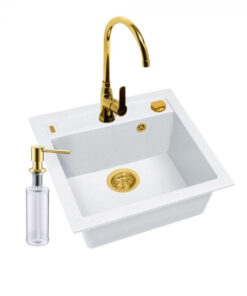 Set chiuveta bucatarie compozit Formic 20 alba, baterie auriu lucios, sifon si dozator Alveus