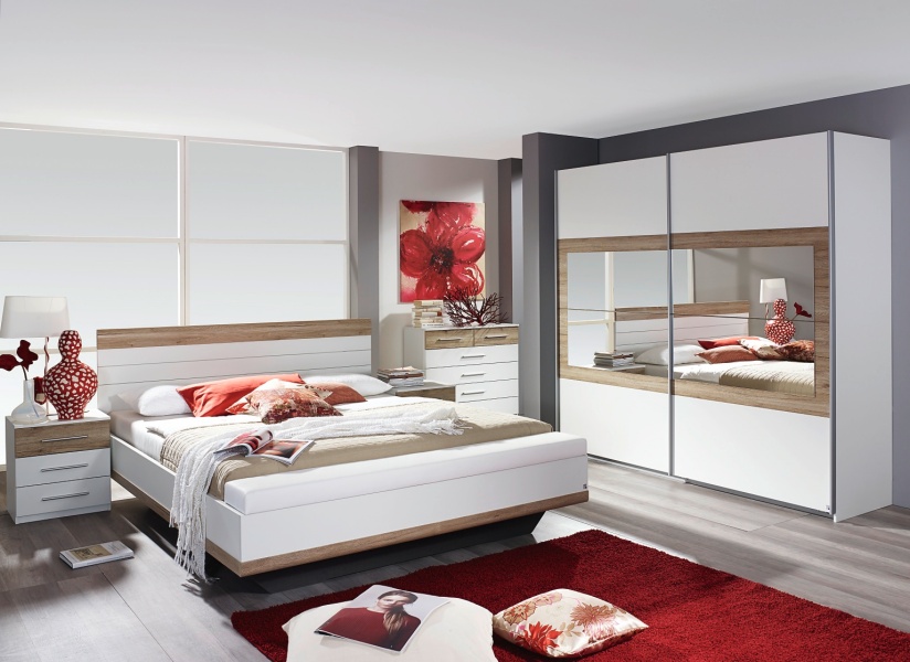 TARRAGONA Cadru pat + 2 noptiere + bancuta (160x200cm) alb alpin + sanremo