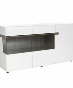 Comoda, 3 usi din mdf alb lucios stejar sonoma inchis, Lynatet, 164x42x87 cm