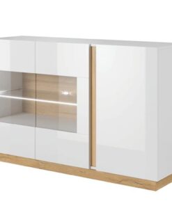 Comoda, cu sticla si pal stejar Grandson alb lucios, City, 139x40x91 cm
