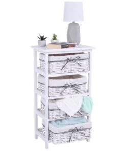 Comoda, din lemn alb antichizat 4 cosuri rachita, Ruby, 40x29x73 cm