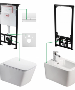 Set vas wc cu bideu suspendat, rezervor incastrat si clapeta alba plus cadru montaj bideu, Paris
