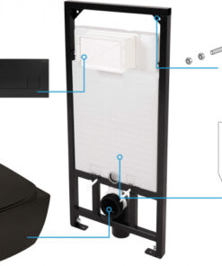 Set vas wc negru cu capac soft close, rezervor incastrat, clapeta de actionare si izolare fonica Deante Poenia