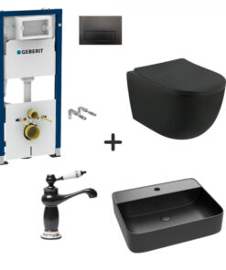 Set vas wc rimless cu capac soft close, lavoar baie, baterie si rezervor wc cu set fixare, izolare fonica, clapeta neagra