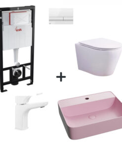 Set vas wc rimless cu capac soft close, lavoar baie roz mat, baterie si rezervor wc cu clapeta alb lucios