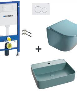 Set vas wc rimless cu capac soft close, lavoar baie verde turcoaz si rezervor wc cu clapeta alba