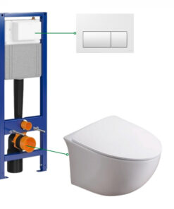 Set vas wc suspendat rimless cu capac soft close Alice, rezervor incastrat si clapeta alba Cersanit Presto II