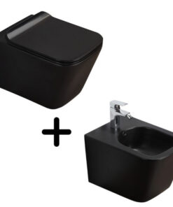 Set vas wc negru suspendat, rimless, cu capac soft close si bideu inclus, Paris