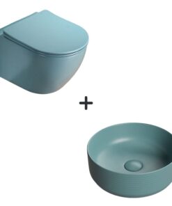 Set vas wc rimless cu capac soft close plus lavoar baie rotund verde turcoaz mat