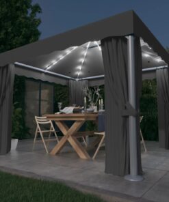 vidaXL Pavilion cu perdele & șiruri lumini LED, antracit, 3x3 m