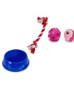 Set 1 x castron si 3 jucarii pentru caini, 25,8 x 25,8 x 7,5 cm, Albastru