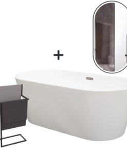Set cada freestanding ovala, oglinda cu iluminare LED si dezaburire plus suport prosop negru freestanding