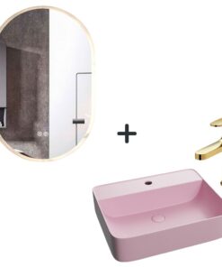 Set lavoar baie roz, baterie plus oglinda ovala cu iluminare LED si dezaburire Dali