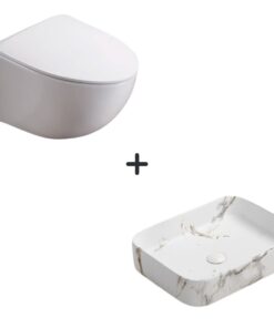 Set vas wc rimless cu capac soft close Alice plus lavoar baie dreptunghiular cu efect marmura