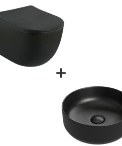 Set vas wc rimless cu capac soft close Oslo plus lavoar baie rotund negru mat