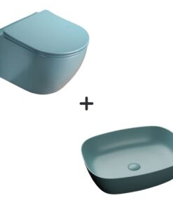 Set vas wc rimless cu capac soft close plus lavoar baie cu margini rotunjite verde turcoaz mat