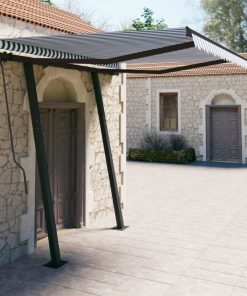 vidaXL Copertină retractabilă automat cu stâlpi, albastru&alb, 3x2,5 m