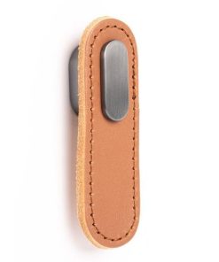 Maner, buton Oblong din piele bej pentru mobilier, cu ornament finisaj gri periat, L 70 mm