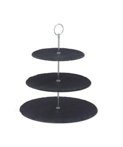 Suport etajat pentru servire, 3 nivele, Platouri ardezie, Negru, 34 cm