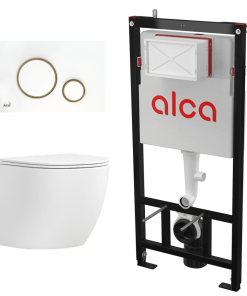 Pachet vas WC suspendat Matilda Alb cu rezervor Alcadrain si clapeta alb si auriu