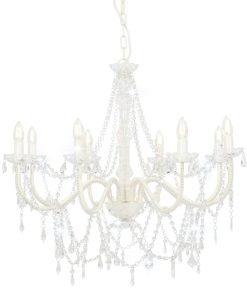 vidaXL Candelabru cu mărgele, alb, 8 becuri E14