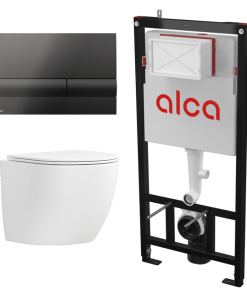 Pachet vas WC suspendat Matilda Alb cu rezervor Alcadrain si clapeta negru M1718