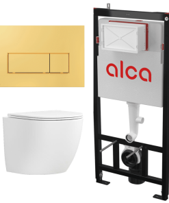 Set vas WC suspendat Matilda Alb cu rezervor Alcadrain si clapeta Auriu M575