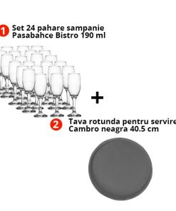 Pachet 24 pahare sampanie 190 ml bistro si tava cambro rotunda neagra 40.5 cm