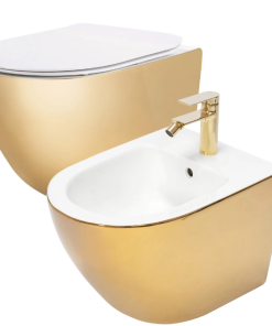 Set vas wc suspendat Rea Carlo Flat Auriu Lucios si bideu Carlo Mini Alb cu Auriu Lucios