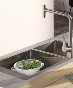 Chiuveta bucatarie Hansgrohe S711-F655 cu 2 cuve inegale 755x500mm cuva mare dreapta inox