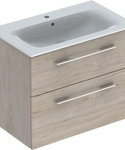 Set lavoar cu mobilier Geberit Selnova Square cu doua sertare 80 cm Nuc American Deschis