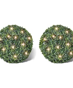 Arbuști de buxus artificiali, 35 cm, cu șir de LED-uri solare, 2 buc